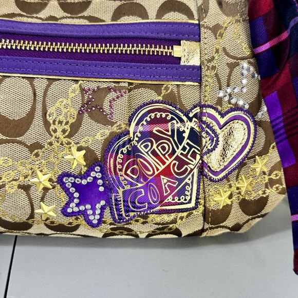 Coach Poppy C Tartan Applique Handbag Bag Charms Scarf Zipper Closure Sequin - Picture 2 of 14